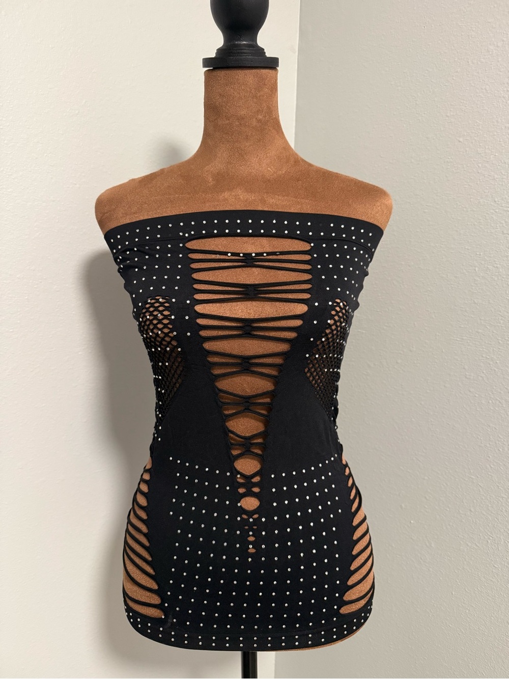 Women’s Black Rhinestone Strapless Cutout Bodycon Mini Dress Size Small - Picture 1 of 7